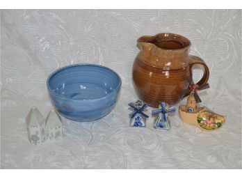 (#122) Lot Of Pottery: Pitcher, Blue Bowl, Holland Windmill Salt And Pepper, Wood Carved Holland Shoe
