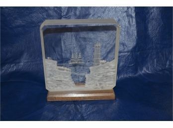 (#100) Vintage 3-D Laser Etched Acrylic Art Sailing Dock Lighthouse On Wood Stand