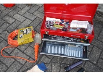 (#219)  Craftsman Tool Box  With Assortment Of Tools, Flash Lights & 50 Ft. Work Light