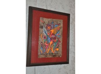 (#91) Framed Mexican Folk-Art Painting On Bark Parchment Vibrant Vivid Colors 14x17