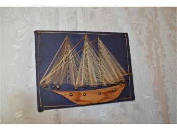 (#68) 1970'S Vintage Wire And Nail Art Sculpture Sailboat Ship On Felt 12x9