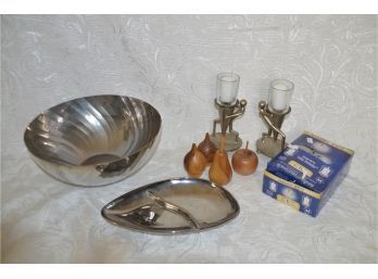 (#125) Wood Fruit Shape Salt And Pepper Shaker, Pair Metal Votive Candle Holders, Chrome Metal Bowl,