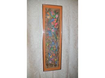 (#59) Framed Mexican Folk-art Painting On Bark Parchment Vibrant Vivid Colors 11x38