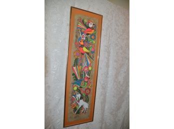 (#60) Framed Mexican Folk-Art Painting On Bark Parchment Vibrant Vivid Colors 11x38