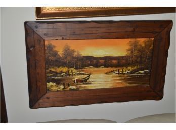 (#53) Wood Framed Painted Art Work Winter Sunset Along The River