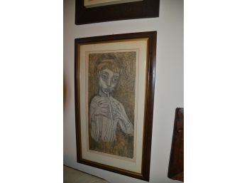 (#50) Vintage Irving Amen 'Girl With Flute' Abstract Figurative Woodcut Print 28/90 Framed 16x27