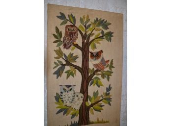 (#93) Vintage Framed Owls In A Tree Embroidered Textile