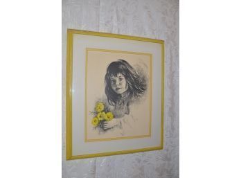 (#74) Vintage Judi Yellow Frame And Black And White Framed Picture 86/200