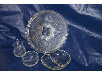 (#113) Vintage Glass Cake Plate And Relish Bowl