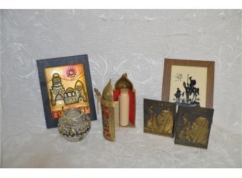 (#124) Lot Of Vintage Judaica Brass Book Ends, Torah Scroll Cage, Candle Holder