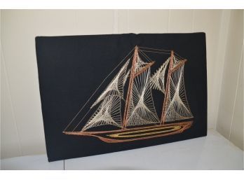 (#64) 1970'S Vintage Wire And Nail Art Sculpture Ship On Felt 24x16