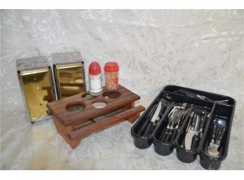 (#199)  2 Diner Napkin Dispensers ,Wood Picnic Table Salt And Pepper Holder, Set Of Plastic Outdoor Utensils
