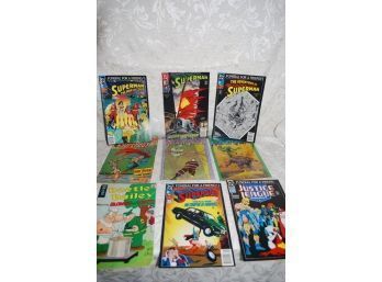 (#206)  VTG Comics: 4 Superman - 1 Superboy  - Beetle Baily - Justice League & Moelobius Airtight Garage