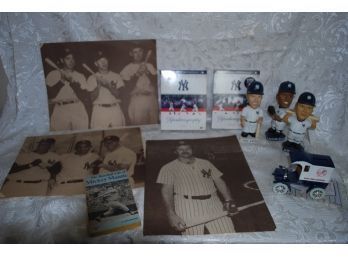 (#211) Vintage Yankee Memorabilia: Bobble Heads Piggy Bank, Books,DVD, Vol1& 2 With 3 B&W Poster