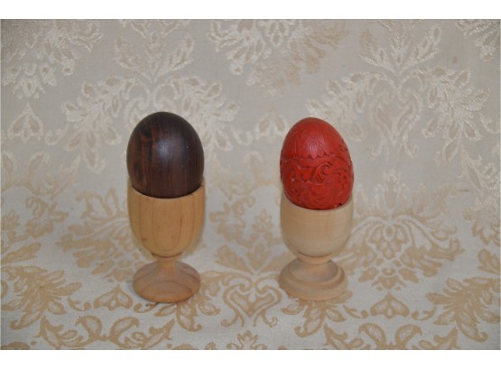 (#310) Wood Shape Eggs With Holder And One Pottery Egg Cup