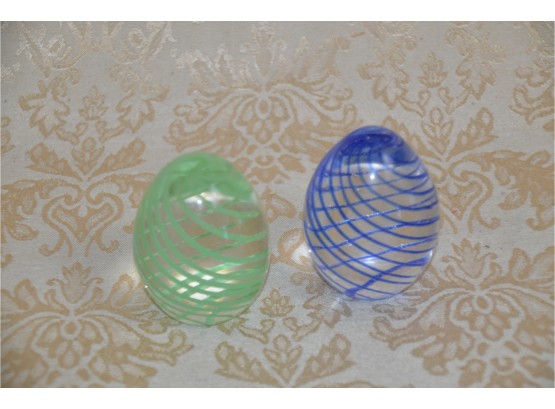 (#306) Glass Egg Shape Swirl Color Blue And Other Green Paperweights 2x3
