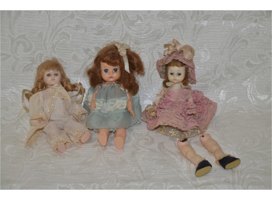 (#85) Vintage Dolls: Pink Dress Alexander Kin, Blue Dress Ideal 8', White Dress Repro With Sculped Shoes