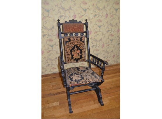 (#22) Antique Wood Rocker Chair Tapestry Fabric Seat And Back Caster Front Wheels