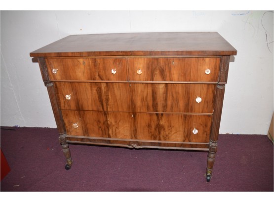 (#13) Antique Burled Wood 4 Drawer Dresser With Castor Wheels