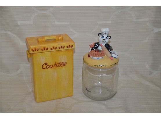(#273) Ceramic Cookie Jar And Glass Jar With Figural Top