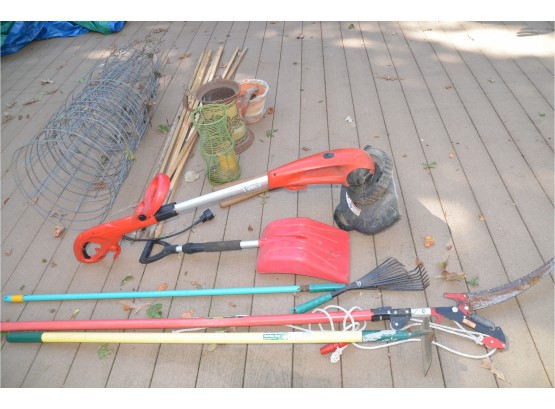 (#217) Outdoor Garden Tools And Equipment: Electric Edger, Tomato Cages And Sticks, Pole Tree Cutter