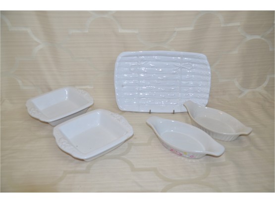 (#261) Ceramic Serving Pieces:  Ceramic Asparagus Plate 12x8, Square Nantuckt Casserole (2)