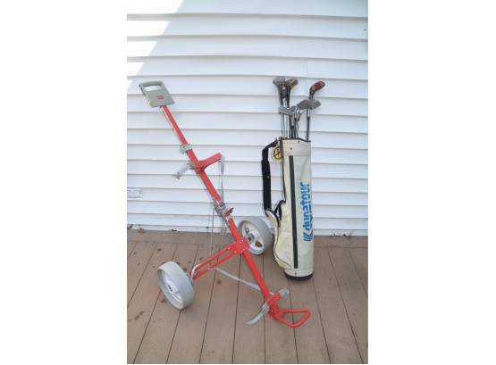 (#218) Golf Clubs And Bag Caddy On Wheels