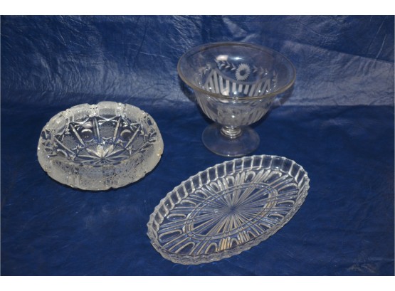 (#300) Glassware:  Pedestal Etched Bowl, Cut Crystal Ash Tray, Oval Glass Tray