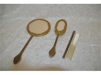 (#44) Antique Gold Floral Filigree VANITY SET Ornate Hollywood Regency Mirror, Brush And Comb