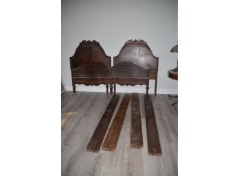 Antique Wood Twin Head / Foot Boards With Side Rails Castor Wheels