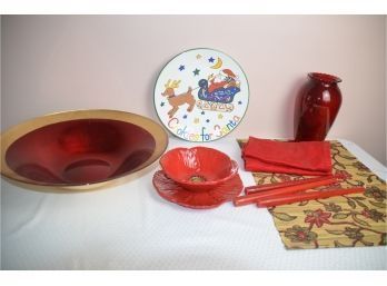 (#230) Christmas Assorted Home Decor: Mikasa Cookie Plate, Red Glass Gold Trim Bowl, Red Glass Vase