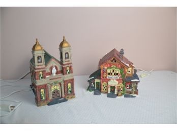 (#225) Ceramic Lighted Christmas Church And Gift Shop House Limited Edition 2019 And 2020