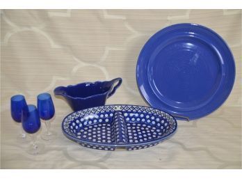 (#116) Blue Pier 1 Platter 11' And Poland 11x7 Divided Casserole Dish, Gravy Unmarked, Cordial Glasses (3)