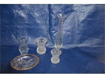 (#303) Glassware Trinkets, Vases, Tray, Toothpick Holder