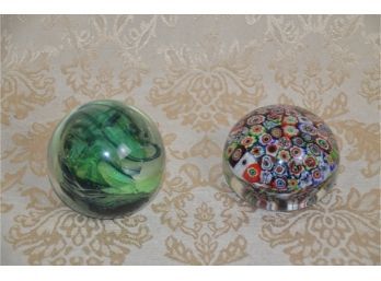 (#305) Murano Vintage Italian Multicolor Millefiori Art Glass Paperweight And Handblown Green Art Glass