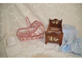 (#127) Doll Wicker Cradle Pink 12x9 And Wooden Cradle With Bedding 13x7