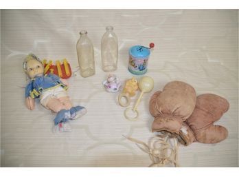 (#122) Lot Of Assorted Vintage Puppet, Child Boxing Gloves, Baby Bottle And Rattle Toys