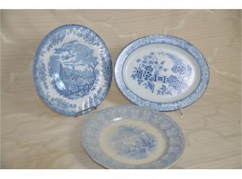 (#113) Vintage Blue And White Plates:  Woods Ware (chip) 12x9, Churchill Staffordshire 10'