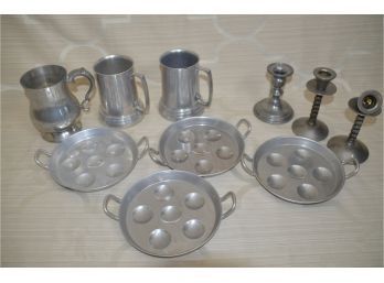 (#157) Aluminum Tournus Unis France Escargot Dishes (4), Pewter Scheffeild Handled Mug, Clear Bottom Mugs