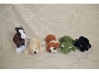 (#135) Ganz Stuffed Animals: Black Dog, Frog, Dogs, Horse (5 Of Them)