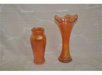 (#173) Vintage Marigold Iridescent Vases Ruffled Top Edge 10' And Swirl Wave 8'