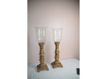 (#232) Large Hurricane Clear Glass Ornate Gold Sculpted 24' Total Height Candle Holder Heavy
