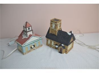 (#226) Ceramic Lighted Christmas Keepsake Dickens Church And Holiday Expressions School House