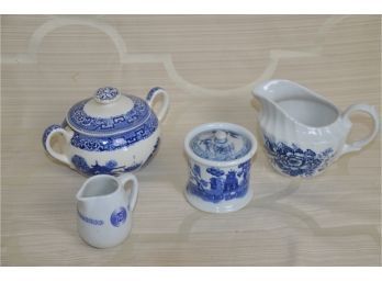 (#115) Vintage Blue And White Sugar Bowl With Lid (unmarked) 6x4, Beacon Hill Creamer, Jam Pot,