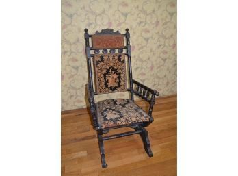 (#22) Antique Wood Rocker Chair Tapestry Fabric Seat And Back Caster Front Wheels
