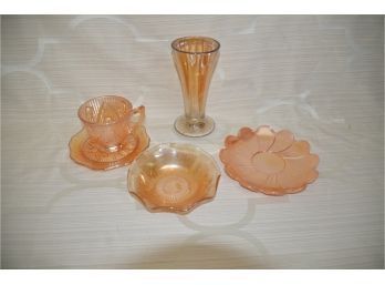 (#174) Vintage Marigold Iridescent Iris & Herringbone Cup And Saucer With Bowl, Plain 7' Plate, Footed 7' Vase