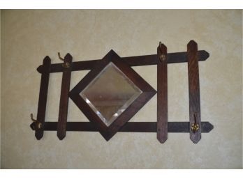(#289) Wood Wall Hanging Mirror And Hooks