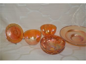 (#167) Vintage Orange Iridescent Carnival Glass Marigold Madrid Glass Bowls, Plates