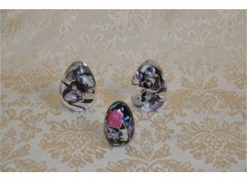 (#307) Small Glass Egg Shape 2x3 Paperweights (3) One Of Black And White Stamped