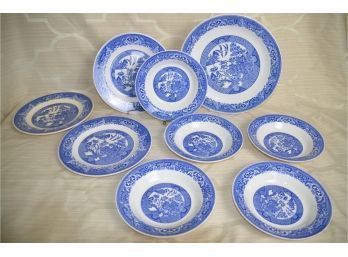 (#107) Willow Ware Blue And White Dish Set (3 Dinner, 7 Soup Bowls, 1 Serving Platter)